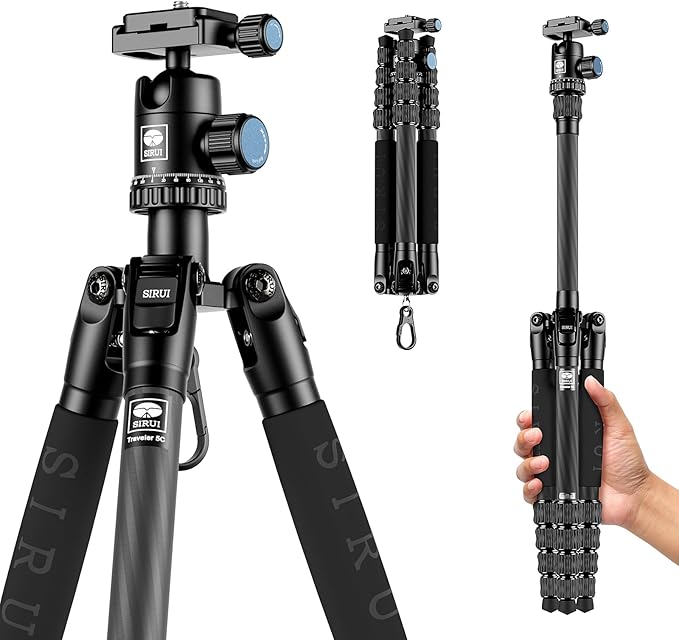 Sirui Compact Traveler 5C Tripod 54.3 inches Lightweight Carbon Fiber Travel Tripod for Camera with 360° Panorama Ball Head for Arca Swiss Quick Release Plate, Max Load 8.8lbs