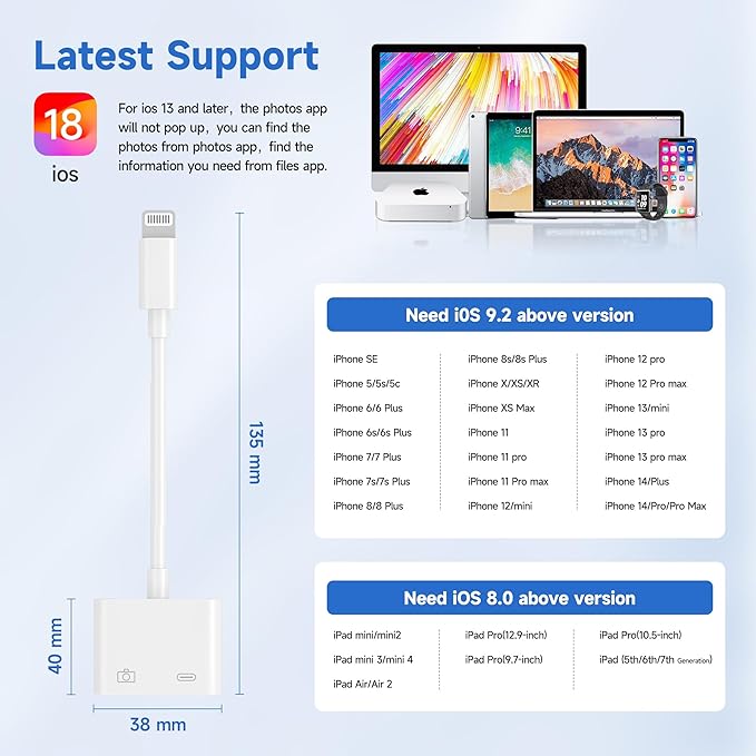 [Apple MFi Certified] Lightning to USB Camera Adapter with Charging Port, Portable USB3.0 Female OTG Cable Adapter for Select iPhone, iPad Models, Support Card Reader, USB Flash Drive, Keyboard, Mice