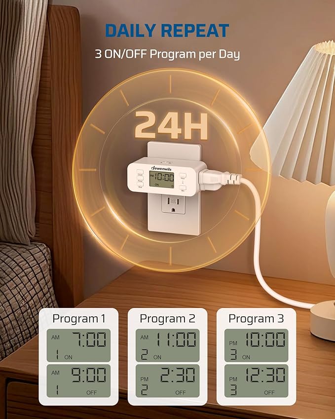 DEWENWILS 24 Hour Programmable Digital Timer Outlet, 2 Pack Timers for Electrical Outlets, Indoor Light Timers for Lamp Fan Aquarium, 2 Grounded Outlet, 125V/15A Resistive/1000W Tungsten, 3 Prong