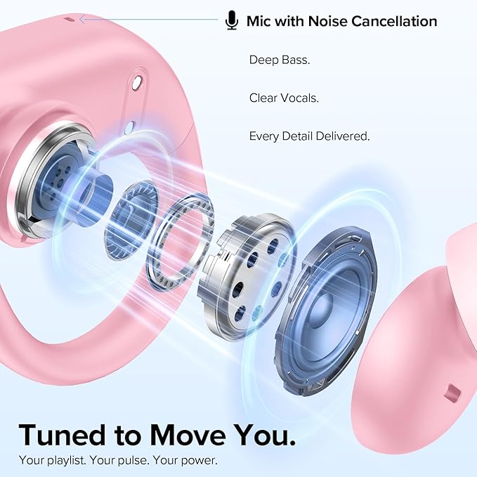 OCC Wireless Ear Hook Sport Earbuds, Bluetooth Headphones with Mic, IPX5 Waterproof, 80H Playtime Earphones, Pink