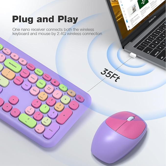 KNOWSQT Wireless Keyboard and Mouse Combo, Pale Purple Full-Sized 2.4G Silent Keycap Colorful Keyboards, USB Dongle Plug Play, for Laptop, Windows, PC, Computer, Desktop