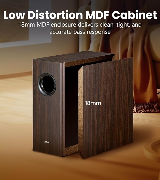 Edifier T5s Powered Active Subwoofer with 70W RMS, 8" Long-Throw Woofer, Deep Bass (35Hz) Speaker, Built-in Amp, Low Distortion, Phase Selector & Energy-Efficient for Home & Studio Audio, Brown