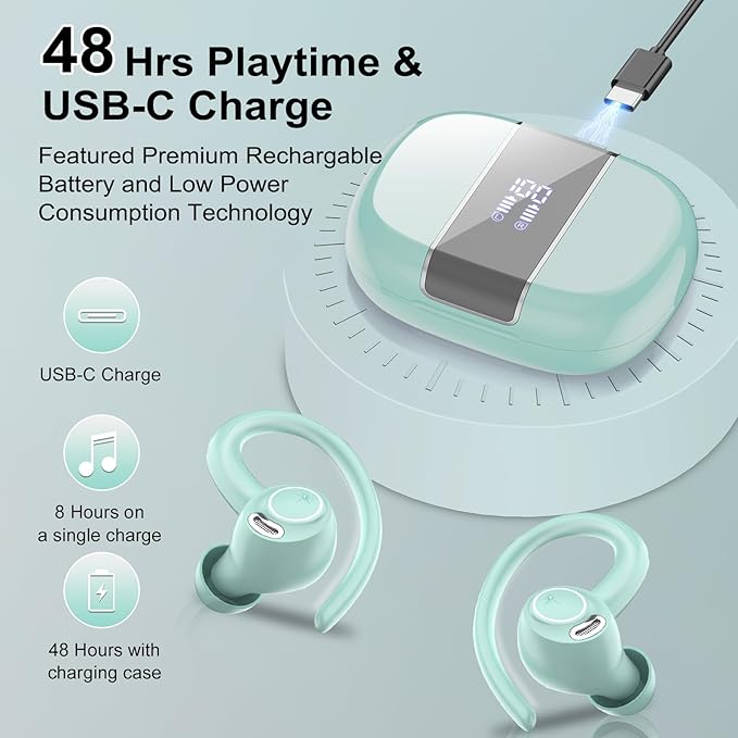 Wireless Earbuds Bluetooth 5.3 Headphones Sports, 48Hrs Playtime Bluetooth Earbuds with CVC 8.0 Mic, Stereo Bass Over Ear Bud with Earhooks, LED Display, IP7 Waterproof Earphon for Running Misty Blue