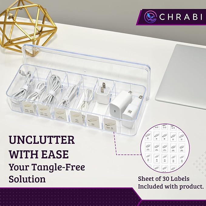 Set of 3 Cable Organizer Box W/Labels - Charger Box, Stackable W/Lids-Cord Organizer Junk Drawer- Cord Storage Box for Desk -Cable Organizer case