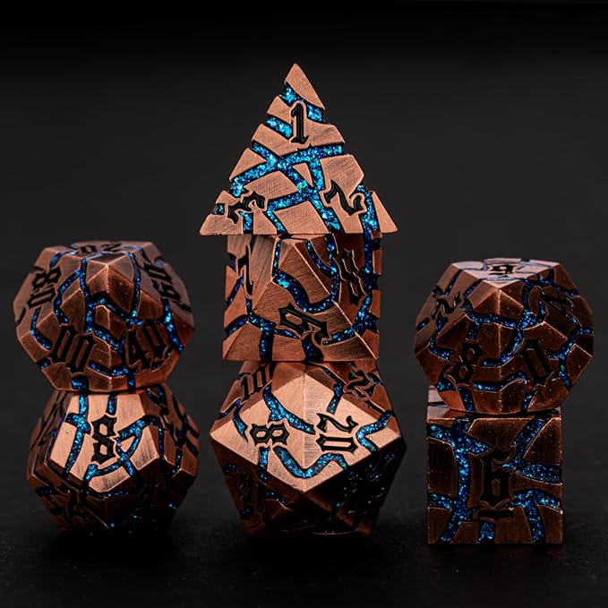 Dice Set D&D Dungeons and Dragons Dice D20 Metal DND Dice Set with Box, Polyhedral Role Playing Dice D12 D10 D% D8 D6 D4 for MTG RPG Board Games(Antique Copper Bright Blue)