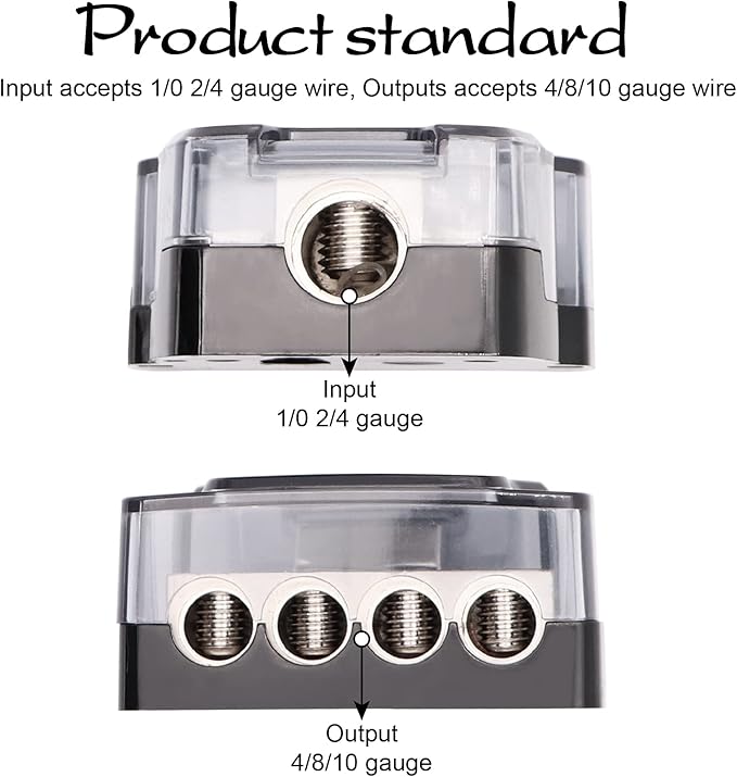 4 Way Power Distribution Block 1x 0/2/4 Gauge in 4X 4/8/10 Gauge Out Nickel Plated Car Audio Splitter Amp Distribution Connecting Block,2Pcs