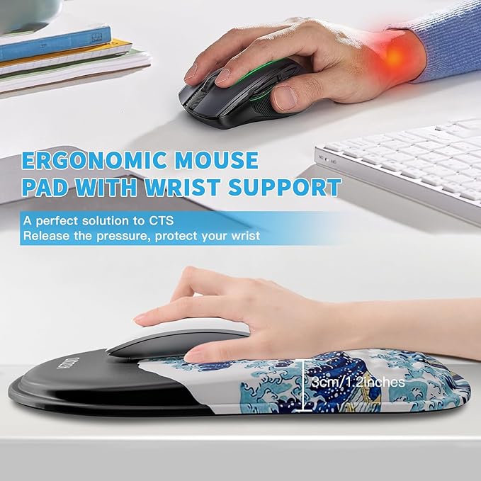 Mouse Pad with Wrist Rest, Ergonomic Mousepads with Wrist Support, Soft Lycra Fabric Memory Foam Office Desk Accessories for Comfort/Pain Relief/PC Gaming/Computer/Laptop (Black Kanagawa)