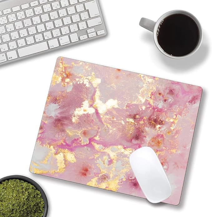 Mouse Pad, Cute Pink Gold Marble Mouse Pads with Design, Square Washable Cloth Personalized Mouse Mat, Gaming Office Home Non-Slip Rubber Base Computer Mousepad