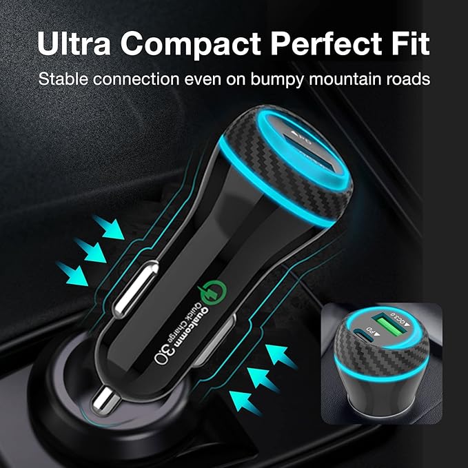 MOCA 51W QC 3.0 Fast Charging W/ 2pcs 3.3ft A-P/C-P Cable Car Charger for iPhone 16/15/14 Pro Max/Plus/16e, iPad, Samsung Galaxy S25/S24/S23 Ultra, Pixel, Android, PD/QC Car Phone Adapter Accessories