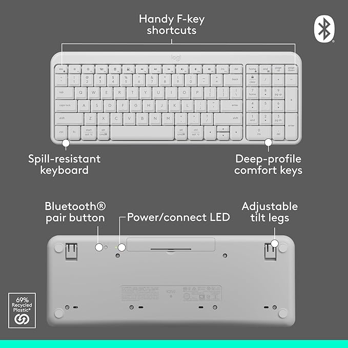 Logitech MK250 Bluetooth Wireless Mouse and Keyboard Combo: Fast & Easy Connectivity, Compact Wireless Keyboard, Ambidextrous Mouse, Durable Build - Windows/MacOS - White