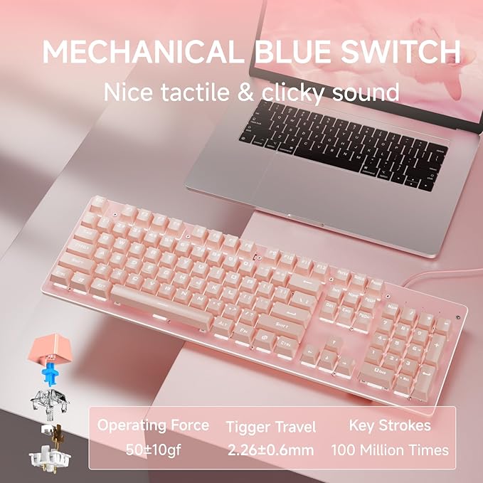 EWEADN TK100 Typewriter Keyboard Wired Mechanical Keyboard, 104 Keys Aesthetic Typewriter Keyboards with White Backlit, Anti-Ghosting, Blue Switch Wired Cute Keyboards-Pink
