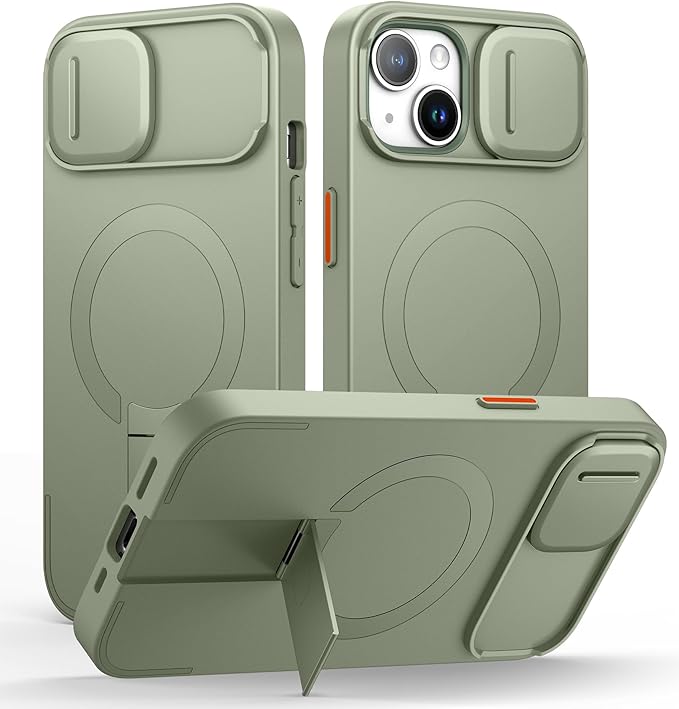 SURITCH for iPhone 13/14 Case with Magnetic Camera Slide Cover and Adjustable Kickstand, Compatible with MagSafe, Shockproof Bumper Case Slim Protective Cover for iPhone 13/14 6.1 Inch, Green