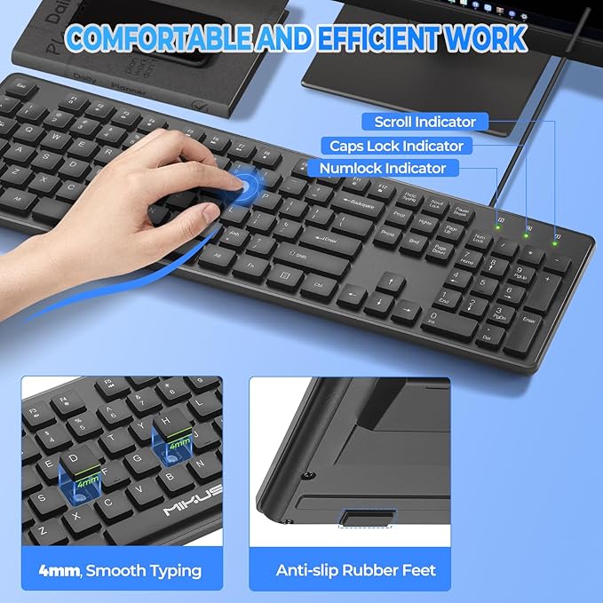 Wired Computers Keyboard with Cover Comfortable Hand Feel,Laser Engraved Characters,12 Multimedia Keys USB Interface Suitable for Laptop PC,Full Size 104 Keyboards, Plug and Play, Office