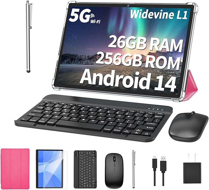 Android Tablet with Keyboard, 26GB RAM, 256GB ROM(1TB Expand), 10.1 inch Android 14 Tablet, 8000mAh Battery, BT 5.0, GMS Certified, 2.4G&5G WiFi, 2 in 1 Tablets with Mouse, Case, Stylus(Pink)