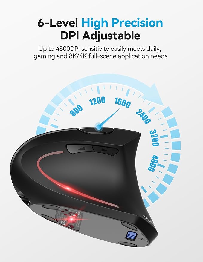 TECKNET Ergonomic Mouse, Rechargeable 2.4G+Bluetooth Vertical Mice 6 DPI Adjustable, Wireless Optical Carpal Tunnel Mouse for Right Hand, Silent 6 Buttons for Laptop, PC, MacBook, iPad - Black
