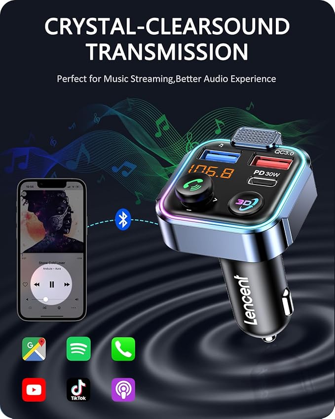 LENCENT Bluetooth 5.3 FM Transmitter, Wireless Radio Adapter Car Kit with Type-C PD 30W+ QC3.0 Fast USB Charger, Hands-Free Calling, Audio Stereo Mp3 Player Receiver, Supports U Disk, Color Light
