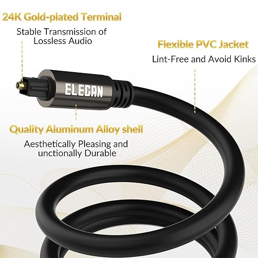 Elecan Optical Audio Cable 15 Ft/2 Pack Digital Audio Toslink Cable Cord-Fiber Optic-Gold Plated-Flexiable&Durable-for Home Theater,Sound Bar,PS4& Xbox-with Right Angled+Mini Toslink Adapters+Ties