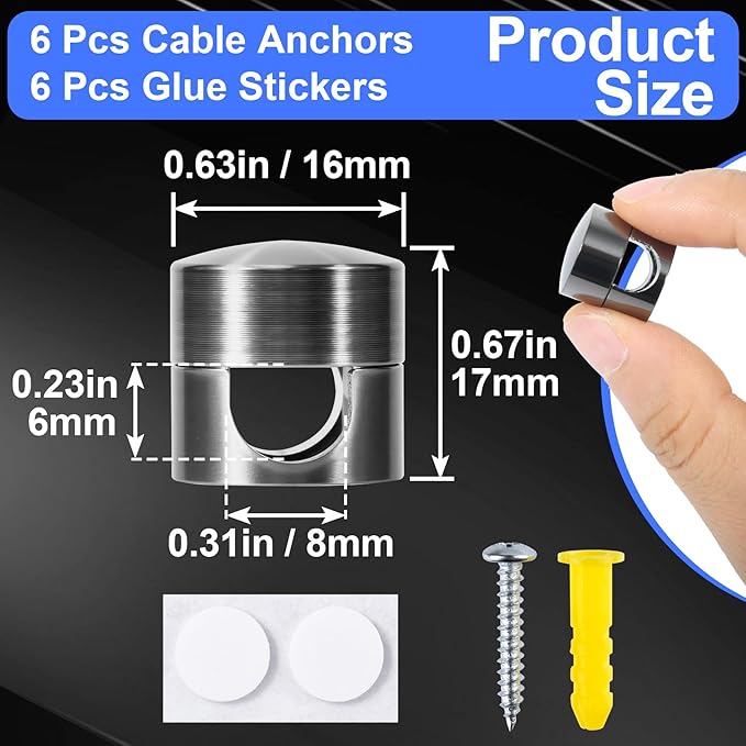 6 Sets Charger Holders for Cords, Black Adjustable Cable Anchor Holders, Adhesive Metal Cord Clips, Cable Management Wire Organizers for Desk, Office, Nightstand