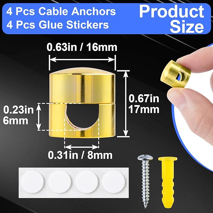 4 Sets Charger Holders for Cords, Gold Color Adjustable Cable Anchor Holders, Adhesive Metal Cord Clips, Cable Management Wire Organizers for Desk, Office, Nightstand