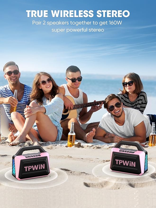 Wireless Bluetooth Speakers - Portable Speaker 80W Peak, 20H Playtime, Light Shows, Loud Speaker with Strong Bass, BT 5.3, TWS, IPX6 Waterproof for Home Travel Outdoor Beach Camping - Pink