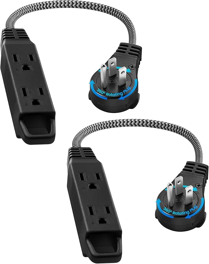 SURAIELEC 1FT 360° Rotating Flat Plug Extension Cord Flat Wall Plug with 3 Outlets, Braided Flat Black Extension Cord for Indoor Use, Small Space, 16/3C SPT, ETL Listed, 2 Pack