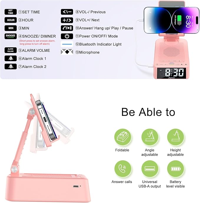 Gifts for Women Girls, Phone Stand with Bluetooth Speaker 360° Rotable Angel Adjustable Cell Phone Holder for Desk with HD Subwoofer Sound Fits All Phones,Tablets (Pink)