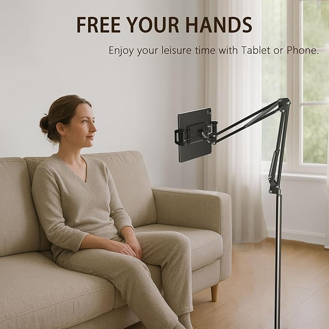 Tablet Floor Stand & Kindle Holder, Overhead Bed Reading Stand with 360° Rotatable Clamp and Height Adjustable Flexible Long Arm, Compatible with Kindle, iPad mini/Air/Pro, and 4.7-14 Inch Devices
