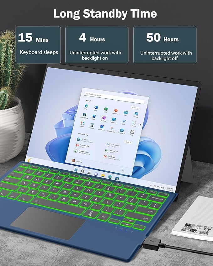 MoKo Type Cover Fit Microsoft Surface Pro 7 Plus/Pro 7/ Pro 6/ Pro 5/Pro 4/3, Ultra-Slim Wireless Bluetooth Tablet Keyboard with Trackpad, 7-Color LED Backlit, Built-in Rechargeable Battery, Indigo
