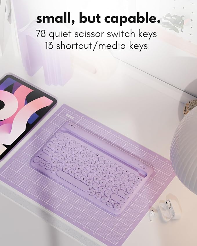 Macally Small Wireless Bluetooth Keyboard for iPad mini/Air/Pro, iPhone, Tablet, and Phone - 78 Key iPad Keyboard with Built-in Stand - Universal Compatible Multi Device - Purple