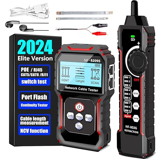NF-8209S Network Cable Tester, RJ45 Ethernet Tester for POE/Cat5/Cat7/Cat6a/Cat6/Cat5e, Wire Mapper, Length, Open/Short, Wire Fault Locator, Ethernet LAN Network Toner Tool