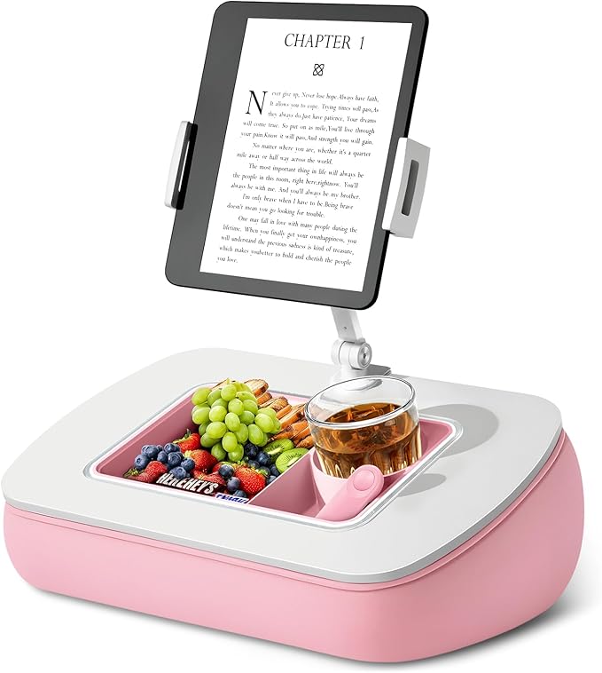 Lap Beanbag Tablet Pillow Stand with Snack Bowl and 360° Rotating Arm, Adjustable iPad Holder for Bed, Couch, and Recliner, Compatible with 4.7"-13" Kindle, iPad, Tablet, Phone,Pink