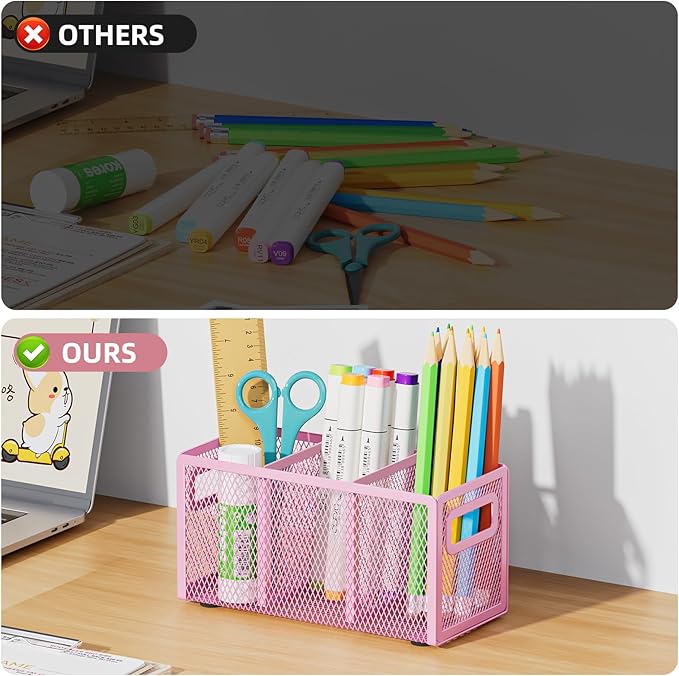 Marbrasse Mesh Pen Holder for Desk,Pencil Holder Desk Organizer 3 Adjustable Compartments,Pencil Cup with Handle Perfect for Classroom, Office, Home,Makeup,Art (Pink)