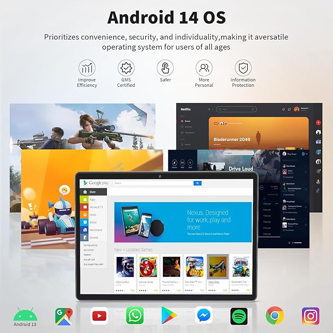 Android Tablet with Keyboard, Android 14 Tablet, 12(6+6) GB+128GB, 1TB Expand, 2 in 1, Mouse, Stylus, 8000mAh Battery, 2.4G/5G WiFi, GPS, Certified, Black Case