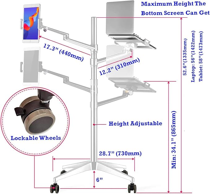 Triple arm Height Adjustable Stand Mount with Rolling Wheel for Laptop(11-17 inch) and Compatible with ipad iPad pro 12.9 inch/Tablet/Ereader