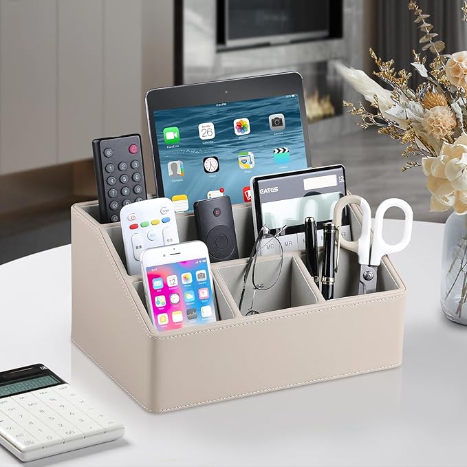 PU Leather Desk Organizer, Luxury Remote Control Holder for Home, Office Desk Accessories Table Caddy Bedside Nightstand Organizer (Dark Beige)