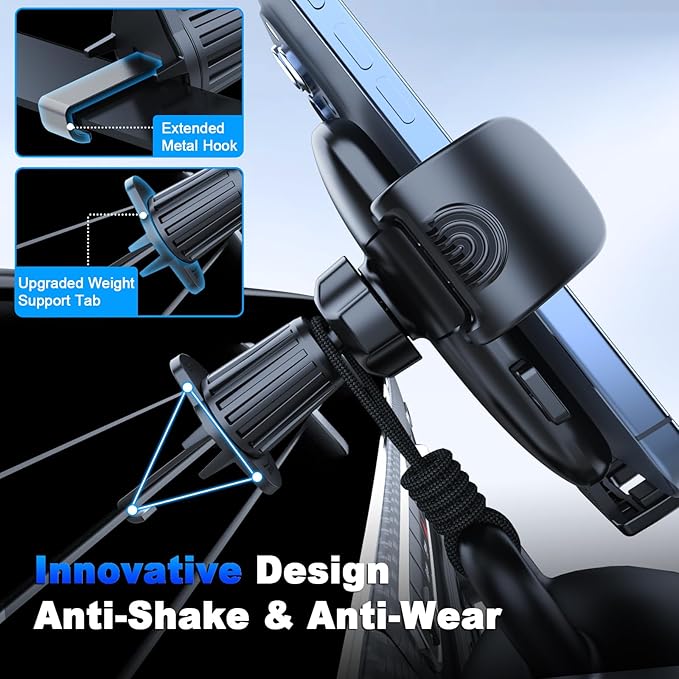 [2025 NEW] Car Phone Holder for Horizontal/Vertical Vent [Upgraded Metal Hook Clip] [Wider Clamp & Fit Thicker Case]Universal Cellphone Stand Car Mount Cradle for iPhone 16 Pro Max 15 14 13 SE Android