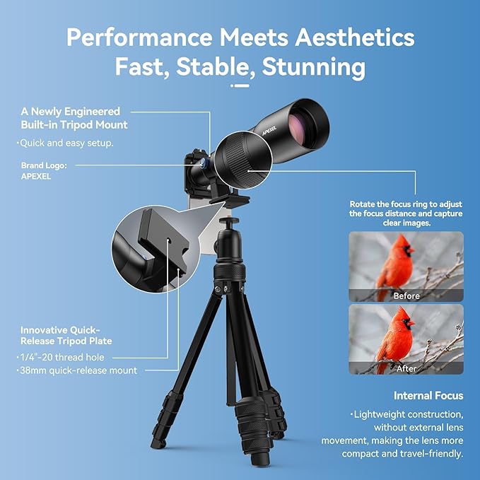 APEXEL 50x High Power HD Telephoto Lens | with Tripod & Universal Phone Clip for iPhone 16/15/14/13 Series, Samsung, Android and Most Smartphone | Landscapes Target Viewing, Wildlife Moon Photography