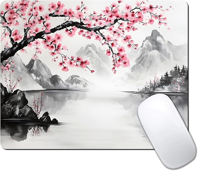 Watercolor Cherry Blossom Japanese Custom Mouse Pad with Non-Slip Rubber, Small Square Design for Wireless Laptop & Computer Mouse Pads for Desk, 9.5 x 7.9 inch Smooth Surface for Gaming & Office