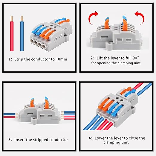 10PCS Lever Wire Connectors, Quick Wiring Cable Connectors, Compact Push-in Conductor Terminal Block(10PCS 2 in 4 Out)