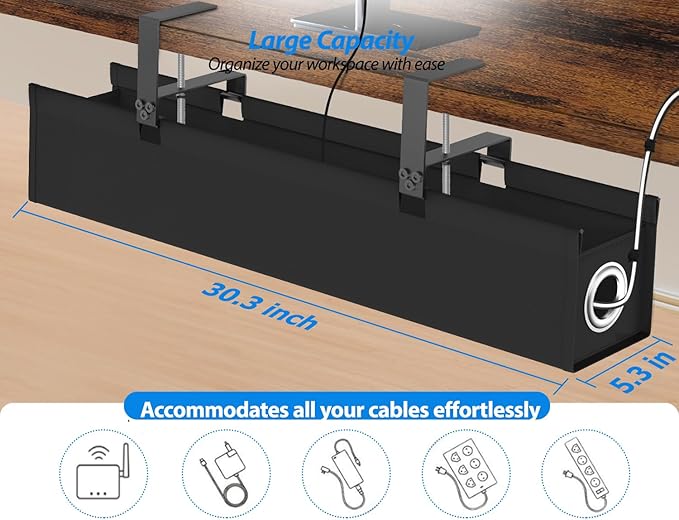 Under Desk Cable Management Tray No Drill, 30 Inch Cord Organizer with Oxford Fabric, Clamp Mount, Holds 60 lbs, Large Cable Rack for Gaming & Home Office Standing Desk