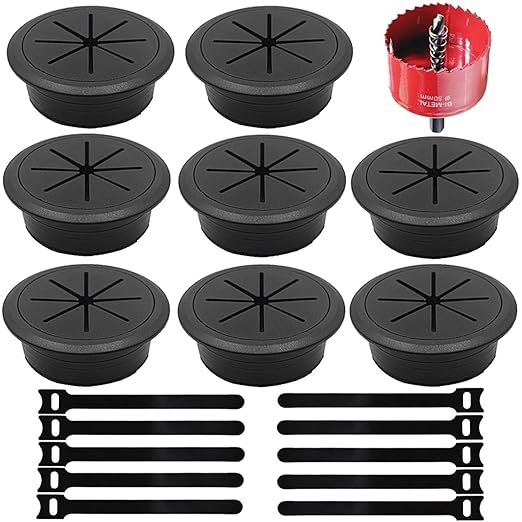 8 Pack Desk Grommet 2 Inch (50 mm), Desk Hole Cover for Cables, Black Desk Cord Hole Cover for Office Home Table, Cable Grommet with 1 Hole Saw Drill Attachment & 10 Cable Ties