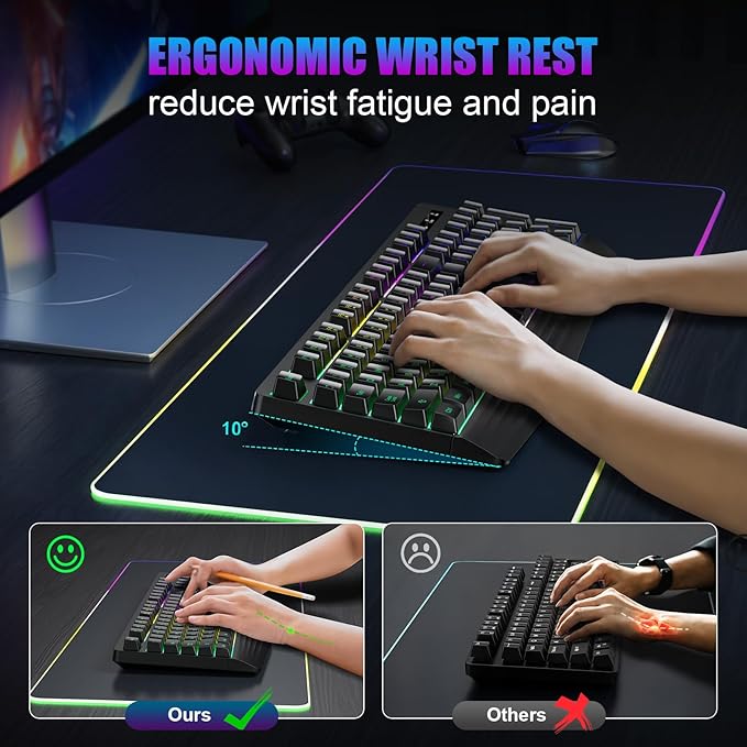 Wireless Gaming Keyboard, RGB & Single-Color Backlit, Full-Size Waterproof Computer Keyboard, Silent Keys, Wrist Rest, Sleep Mode, Rechargeable 2.4G Wireless Keyboardfor Windows, Mac, PC, Laptop