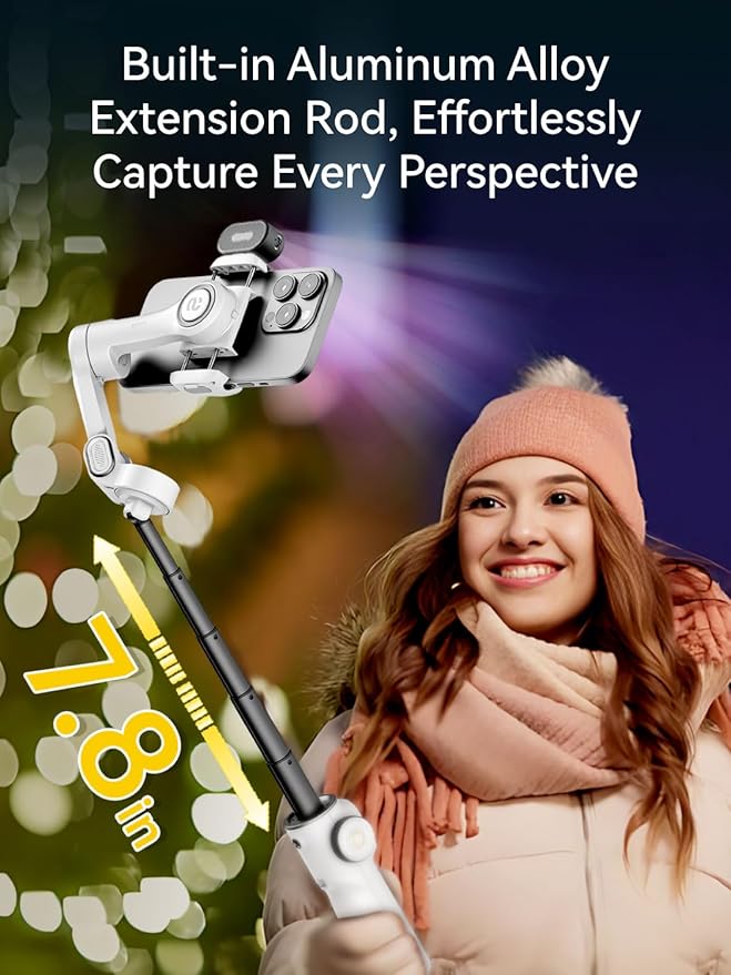 Gimbal Stabilizer for iPhone w/RGB Magnetic Fill Light, Foldable Gimbal w/7.8' Extension Rod & OLED Display for Vlogging & Filmmaking, Compatible with iPhone 16/15 Pro Max-Smart X2 Kit White