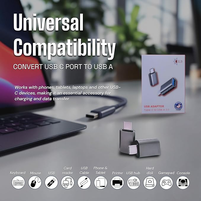 JLB USB C to USB Adapter (2 Pack), USB C Male to USB 3.0 Female Adapter, 5Gbps Data Transfer, Compatible with MacBook, iPad, iPhone, Microsoft Surface, Samsung, Dell XPS & More Devices