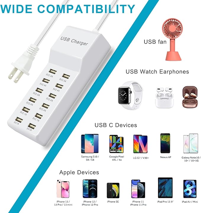 Multi Port USB Charging Station Wall Charger, Multi-Port Fast Charging Station, Compatible with iPhone, Android Phones, Tablets and Bluetooth Speakers - Compact for Home Office and Travel Use White