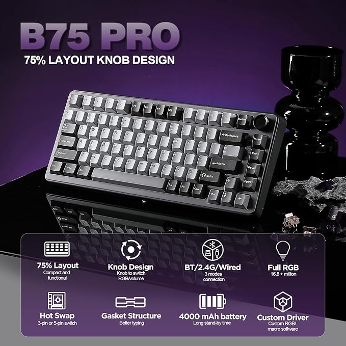YUNZII B75 PRO Wireless Mechanical Keyboard,75% Layout with Knob,Hot Swap Gasket Structure,Creamy Pre-lubed Switches,RGB Backlit,Bluetooth/Type-C/2.4G for Win/Mac (Dark Grey, Milk Switch)