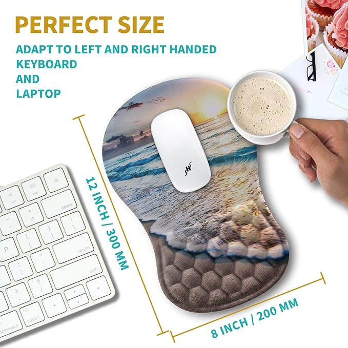 Hokafenle Ergonomic Mouse Pad Wrist Support, Wrist Rest Mousepad for Carpal Tunnel Pain Relief with Integrated Memory Foam Slope Massage Bulge (11.8x7.9 inch,Beach Sunset