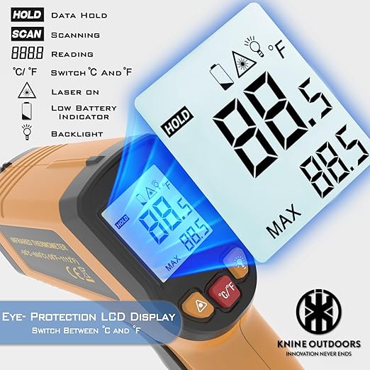 KNINE OUTDOORS Infrared Thermometer Laser Temperature Gun, -58℉ to 1112℉, Single Laser Targeting, Distance to Spot Ratio 12:1, for Cooking, Oven and Meat (Orange)