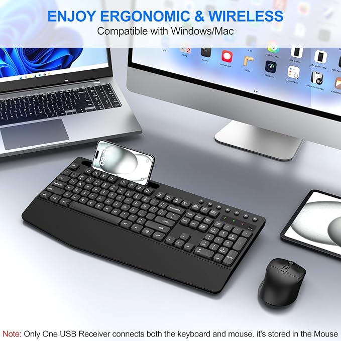 EDJO Wireless Keyboard and Mouse Combo, Full-Size Ergonomic Wireless Computer Keyboard with Wrist Rest, Phone Holder, Sleep Mode, Comfortable Natural Typing Set for Windows, Laptop, Mac, PC