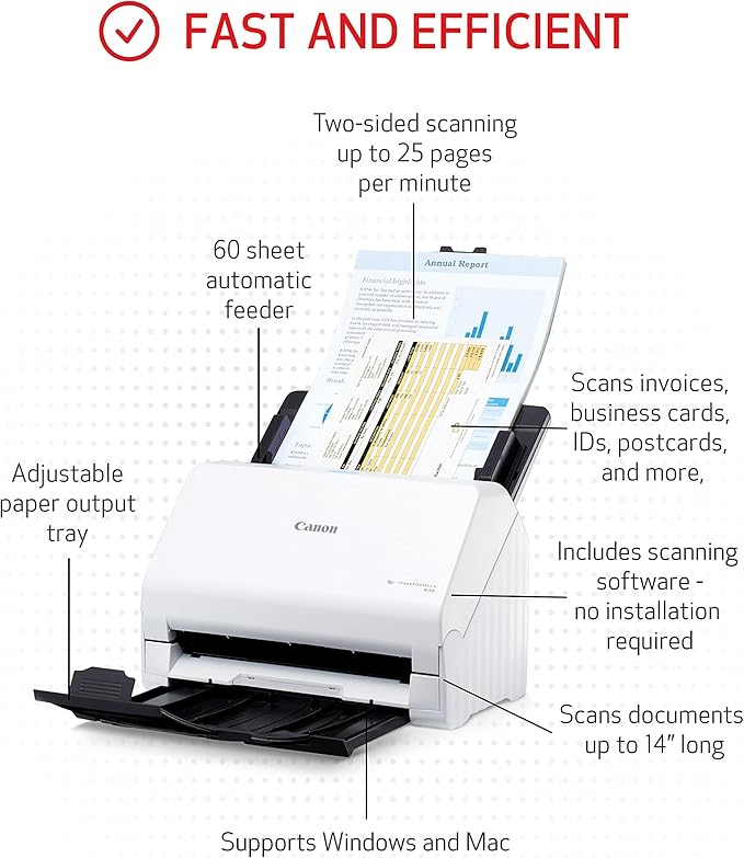 Canon imageFORMULA R30 - Office Document Scanner, Auto Document Feeder, Duplex Scanning, Plug-and-Scan Capability, No Software Installation Required